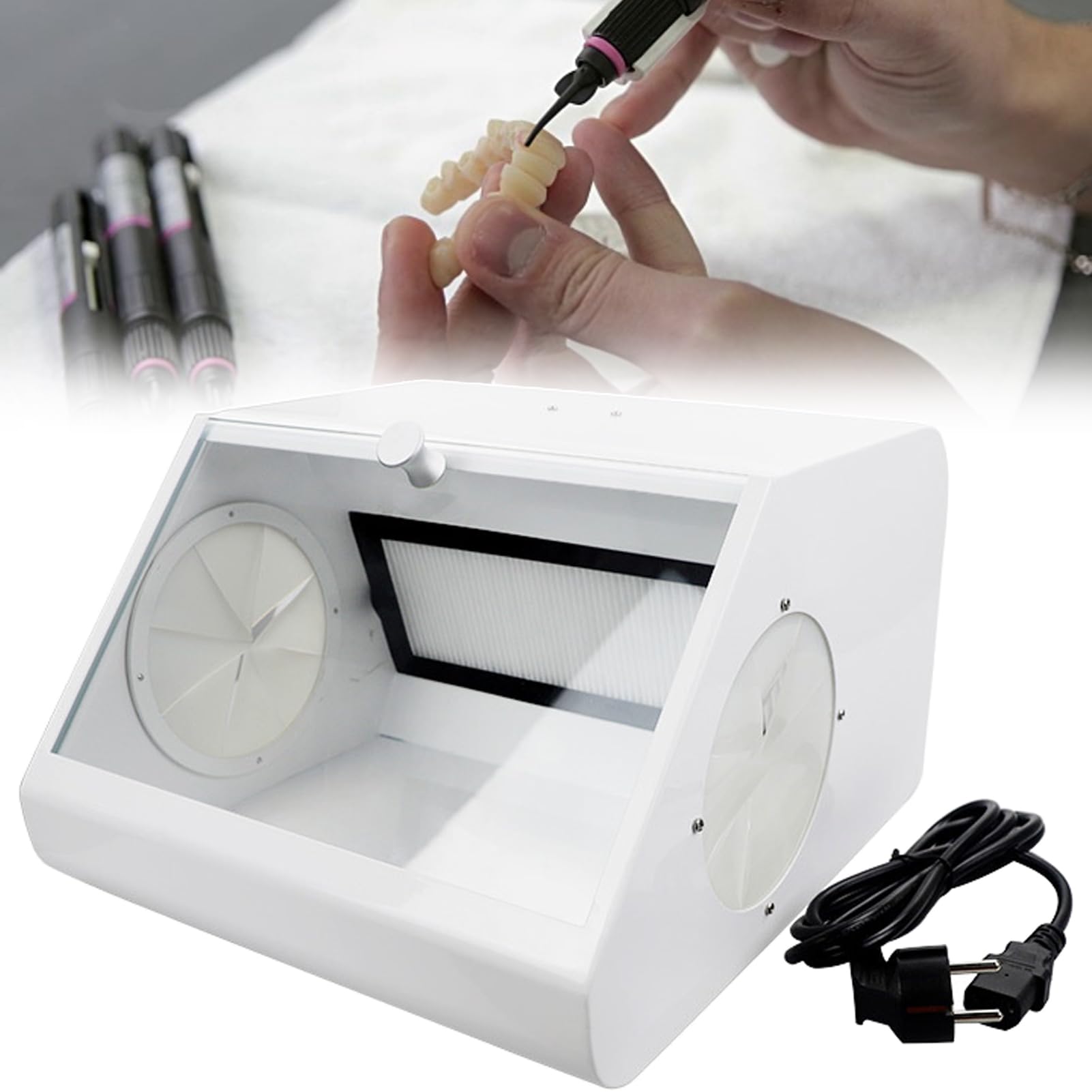 Huachorial Professional Engraving Dust Collection Box with LED Vacuum Extractor and Dual Filtration System, Transparent Window Ideal for Dental Lab Grinding, Polishing, Sandblasting, Stone Carving