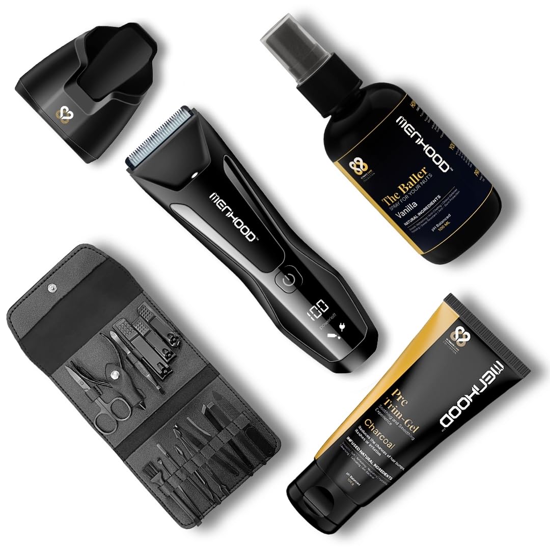 Menhood Premium Package 2.0 - Includes Menhood Grooming Trimmer 2.0, The Baller-Deodorant for Balls, a Luxury Manicure Pedicure Set (The Baller - Vanilla)