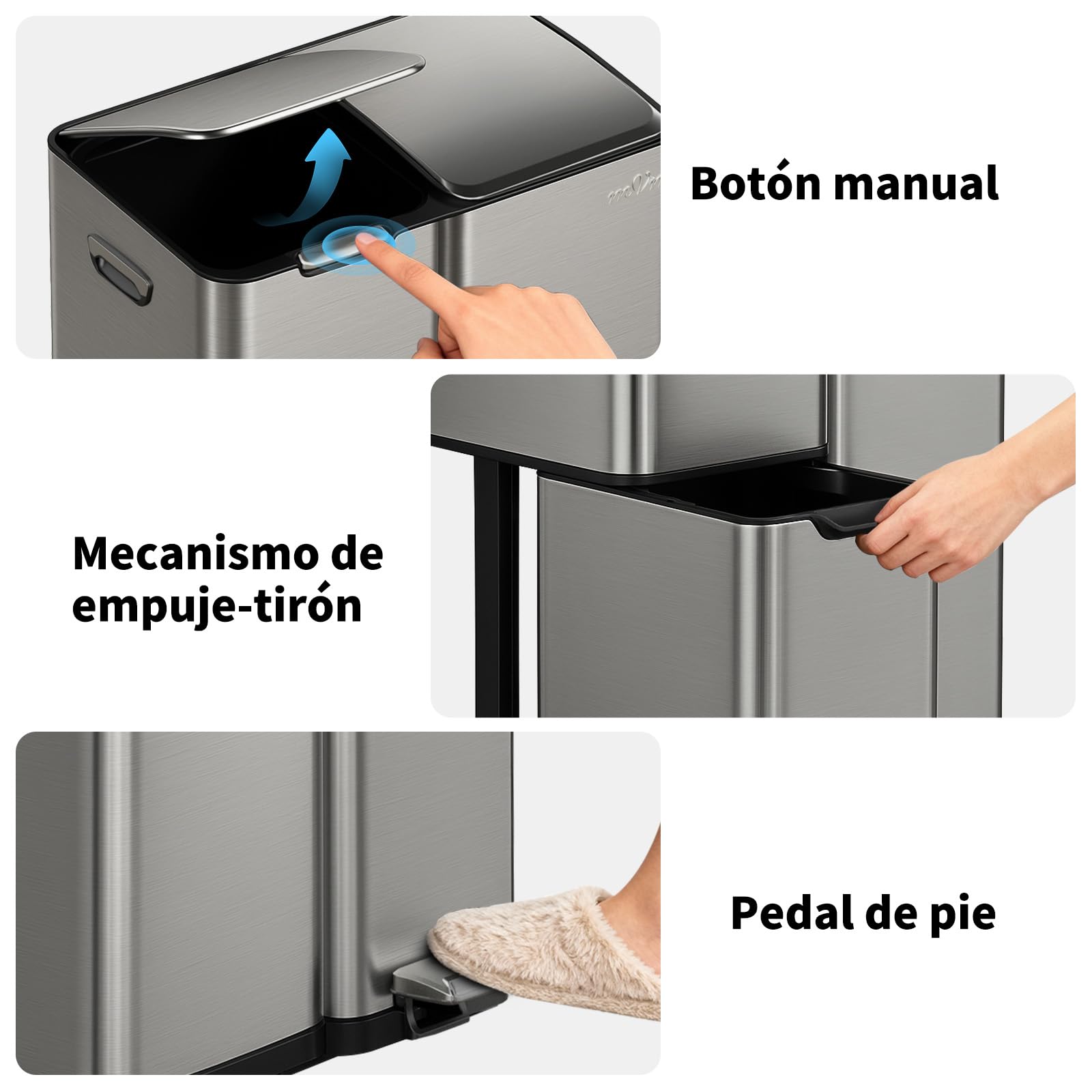 mVm Cubo de Basura Cocina de Acero Inoxidable, 3 Compartimentos 60L con Tapa de Cierre Suave, Contenedor Multifuncional para Separación de Residuos en Casa u Oficina, Gris