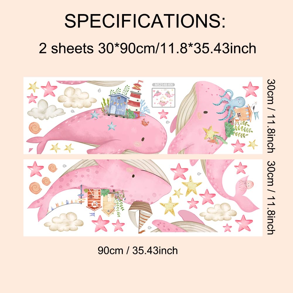 OUFEI Wall Art Stickers Room Decor for Teen Girls Peel and Stick Fantasy Pink Whale Stars Wall Decals for Baby Kids Nursery Bedroom Living Room Decoration - Image 3