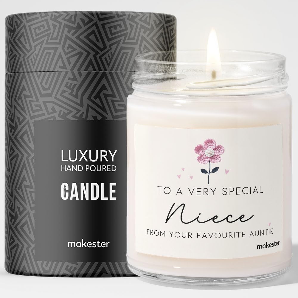 Makester White Neice Gift From Auntie - Luxury Soy Wax Candle - Vanilla, Jasmine, Sugared Almond
