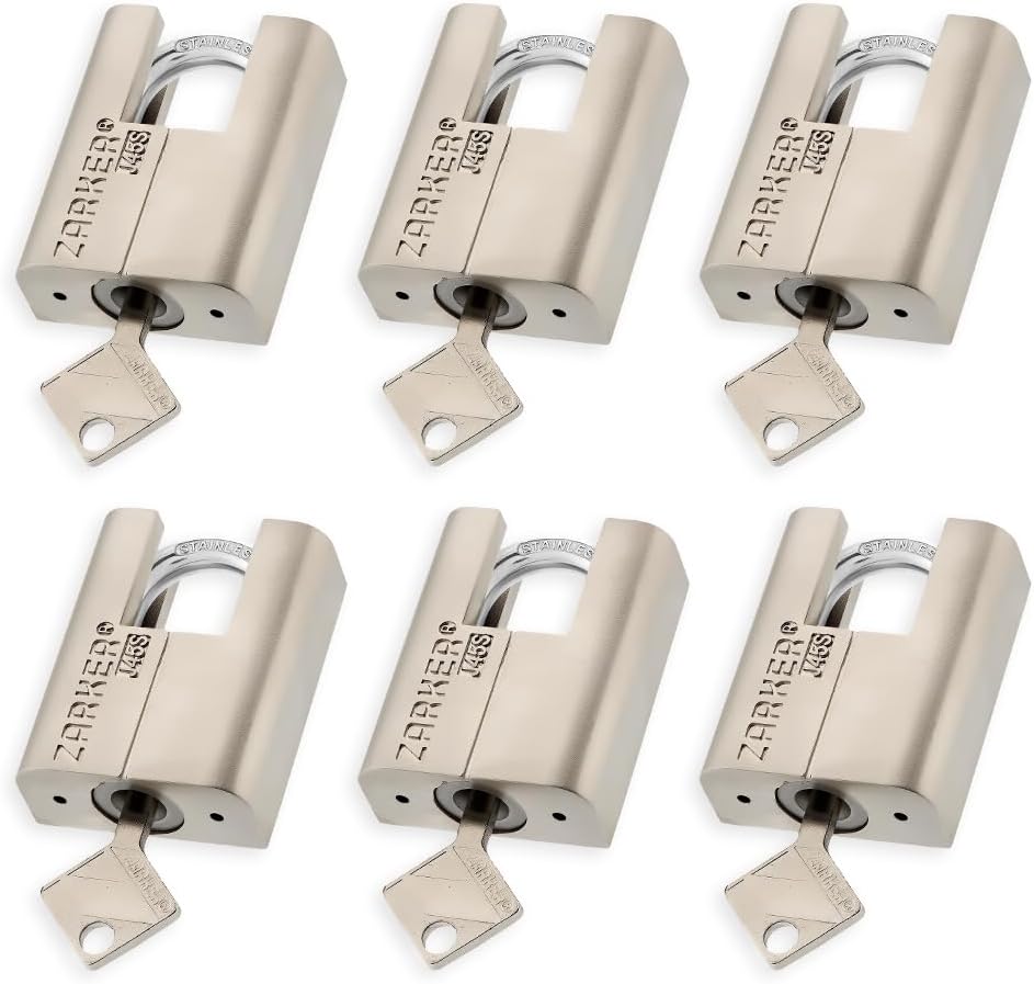 J45S keyed Alike Padlocks, Heavy Duty Stainless Steel Shackle Lock, 18 Keys, Waterproof and Rustproof Storage, Warehouses, Garage, Outdoors, 6-Pack