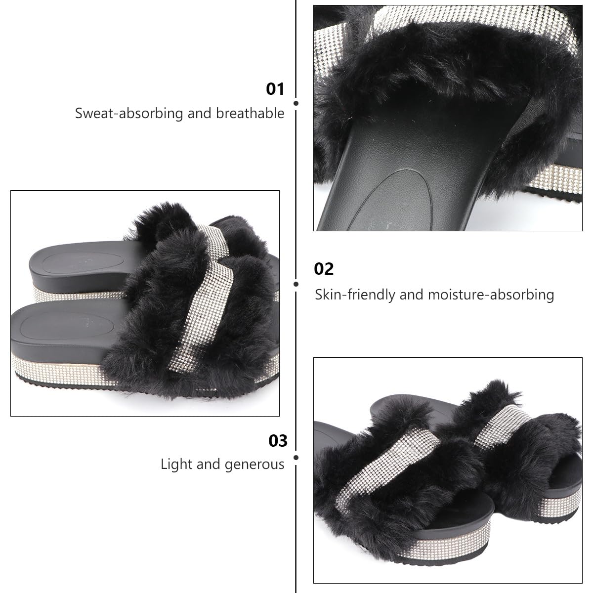 Pantofole da Donna Invernali Suola Spessa e Pelliccia Morbida, Leggere e Calde, Decorate con Pietre Luminose Nero, 1 Paio per Casa e Relax