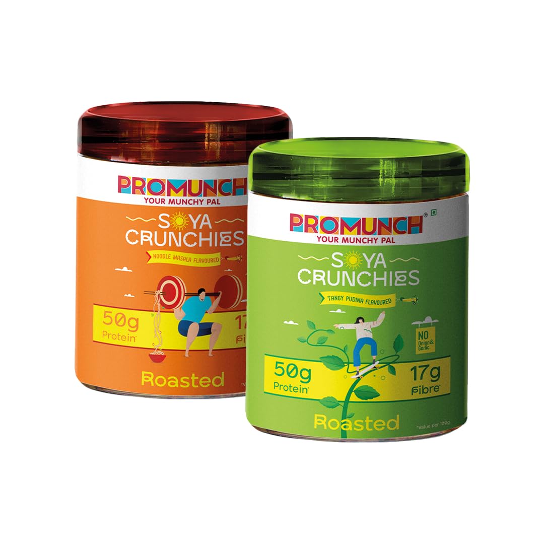 Promunch Roasted Soya Crunchies High Protein Vegan Snack Gluten Free Plant Based Munching Snack for Fitness Office Travel Pack of 2, Flavour: Tangy Pudina and Noodle Masala - 150g Each