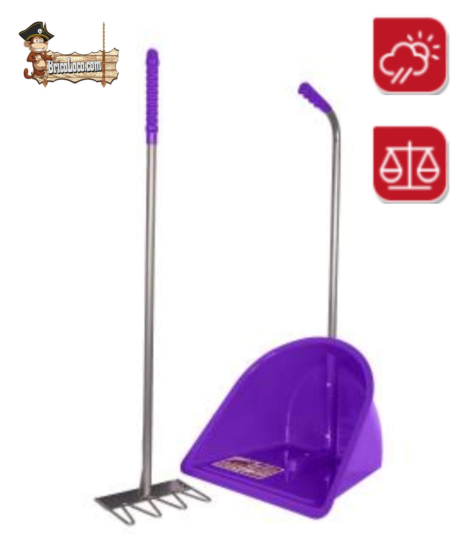 BricoLoco Recogedor rastrillo jardín. Recogehojas, césped cortado, frutos suelo, excrementos, arena gatos. Gran capacidad. Con rastrillo. Ligero. Mango aluminio. Resistente a intemperie. (Morado)