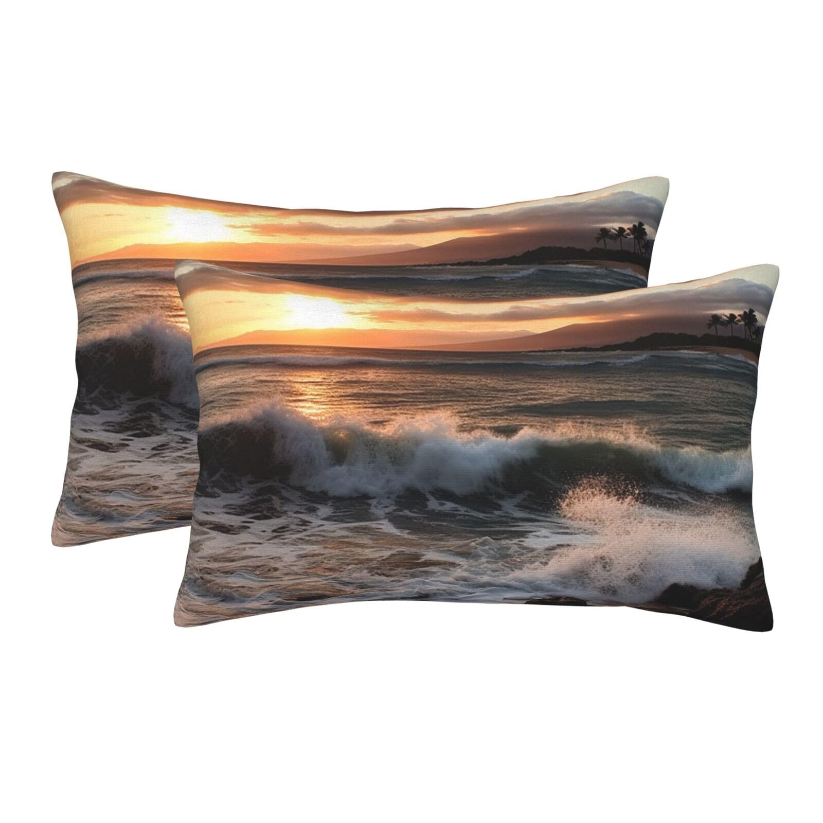 2 Pack Pillow Cases with Hidden Zipper, Soft Breathable Pillow Covers for Hair and Skin, Beach Sunset Sea Waves Pillowcases 16"x24" Bed Pillow Protectors Cover for Sleeping Gifts