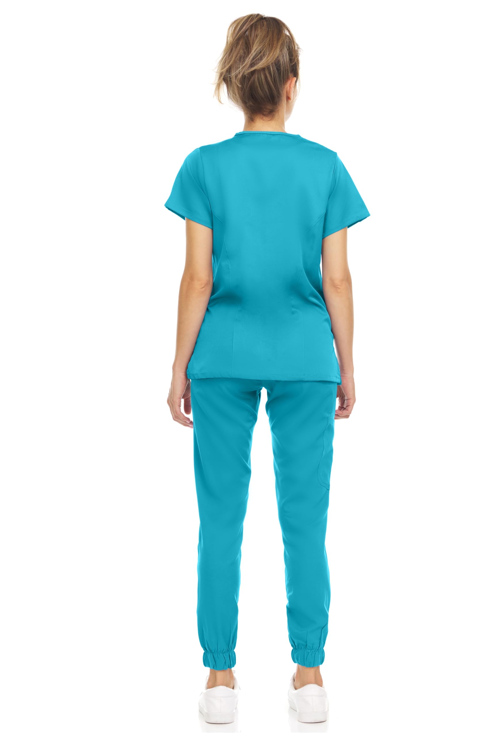 MediChic Scrub Sets for Women – 8-Pocket V-Neck Jogger Scrubs, Anti-Wrinkle, Stretch Medical Nursing Uniforms, Teal Medium