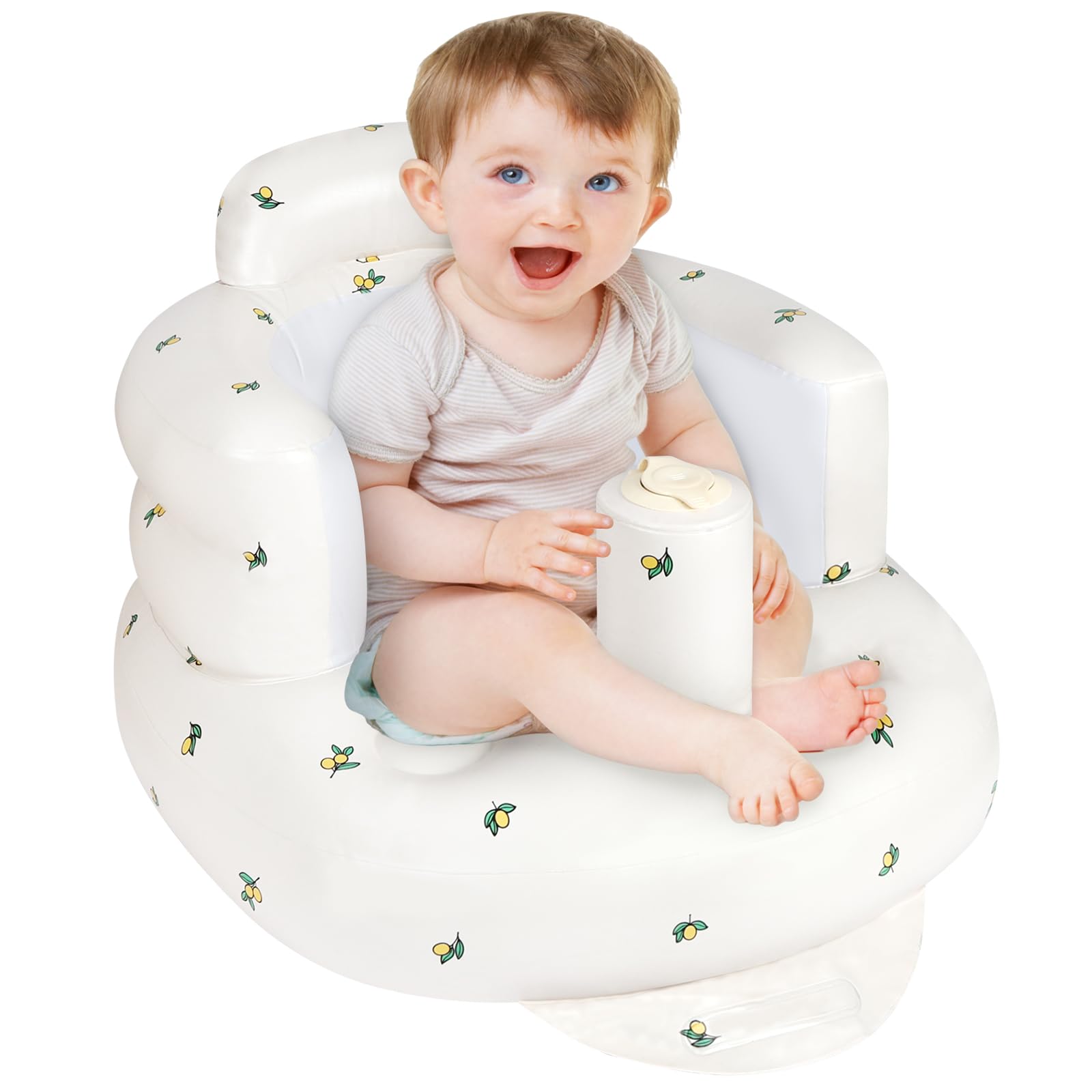 Alaoo Aufblasbarer Babysitz, tragbarer aufblasbarer Babysofasitz mit eingebauter Luftpumpe, Kleinkind-Badesitz für Reisen über 3 Monate, Kleinkind-Bodensitz für Reisen, Olivenblüte