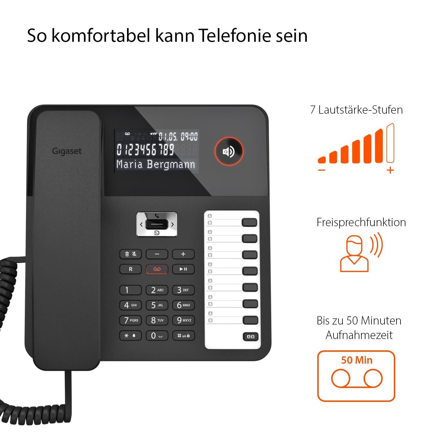 Gigaset Desk 800A - Schnurgebundenes Telefon mit Anrufbeantworter - dreizeiliges LCD-Display - 5 Wege Navigationstaste - Freisprechfunktion - MFV- oder Impulswahl, schwarz [Deutsche Version]