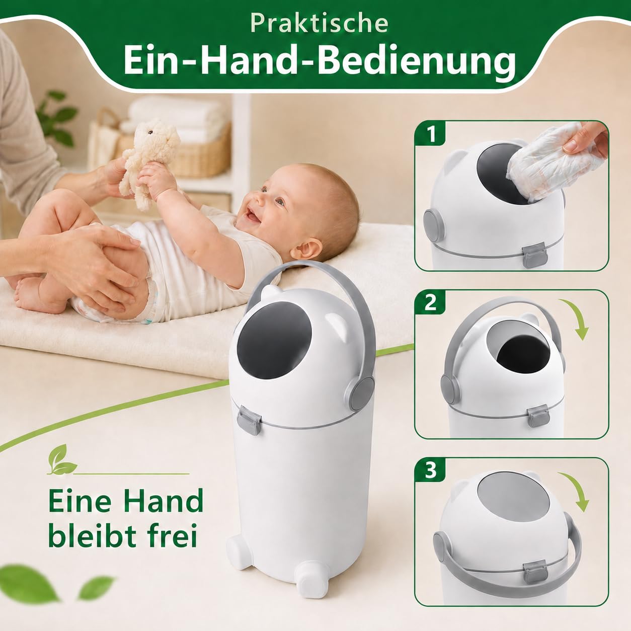 Windeleimer 12L mit Geruchsschutz, Windelmülleimer mit Einhand-Bedienung, ohne Nachfüllkassetten für normale Müllbeutel, Bären-Design in Weiß/Grau für Babyzimmer und Bad