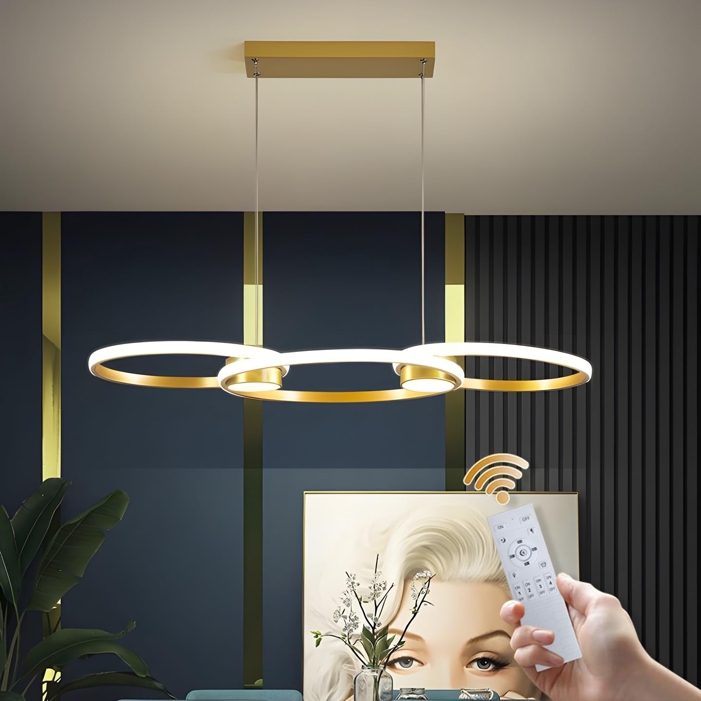 GaoHX Modern Chandeliers Rings Round LED Chandelier Fixtures Height Adjustable Kitchen Island Pendant Light, Dimmable Chandelier Ceiling Light for Dining Room Bedroom Living Room(Gold,3 Ring)