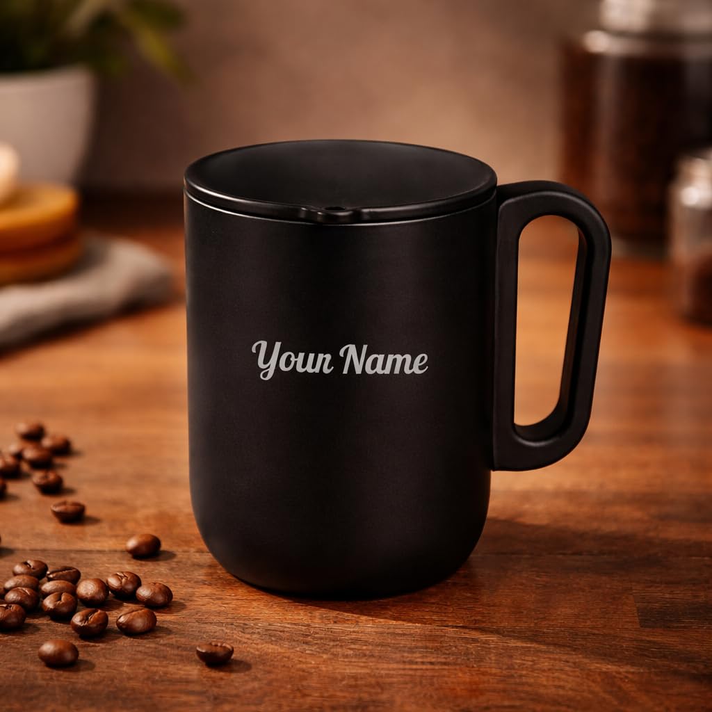 Giftana Personalized Coffee Mug with Lid, Stainless Steel Customized Mug 180ml with Handle, Cup for Coffee & Tea, Stylish Gift for Home, Office, Birthday, Friends & Employees (Black)-image-4