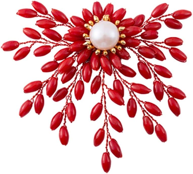 Natural Pearl Sea Bamboo Coral Exaggerated Red Brooch Female Accessories Female High-end Luxury Retro Jacket