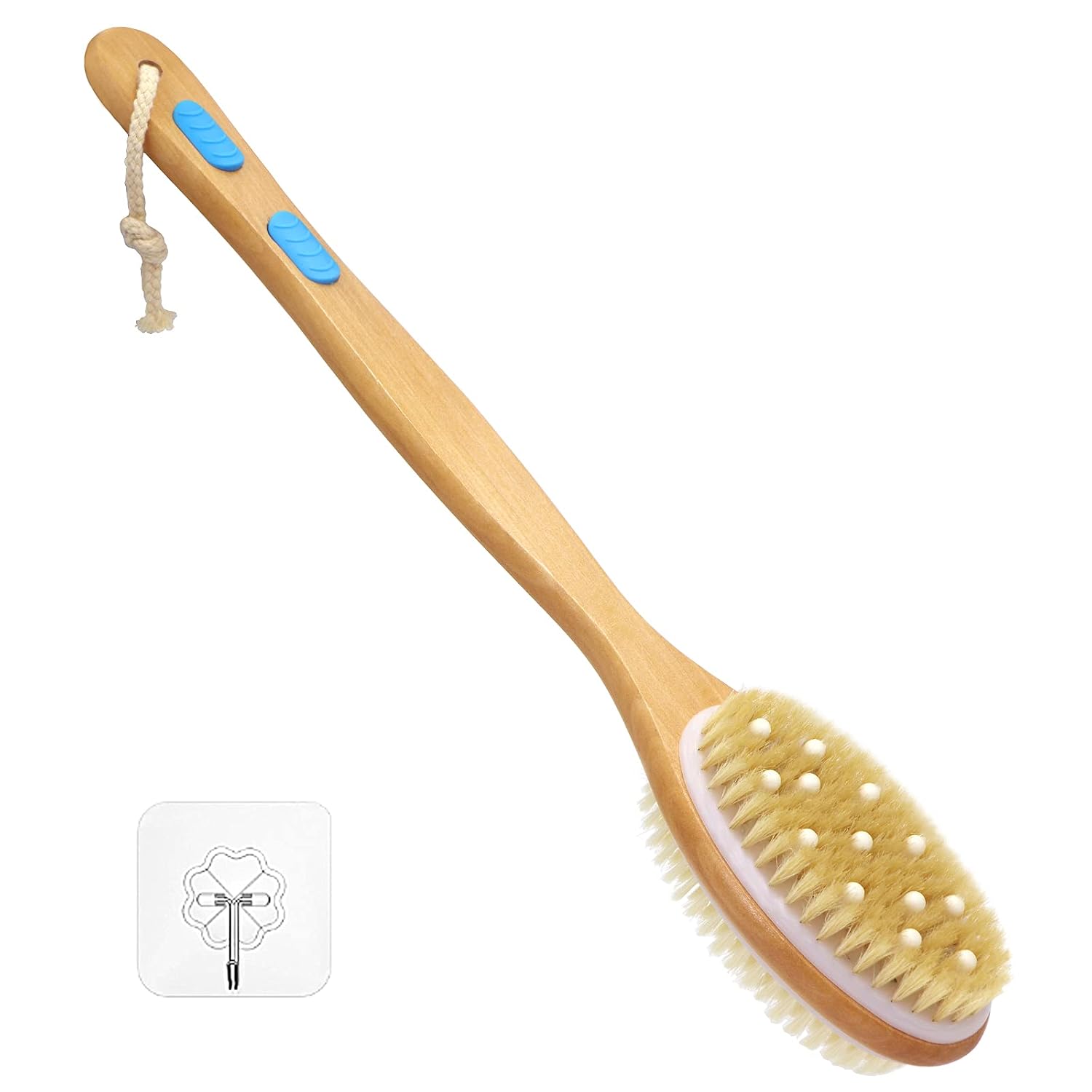 Wonderwin Double-Sided Long Handle Wooden Body Brush with Stiff and Soft Bristles, Back Scrubber for Shower, Exfoliating Brush to Exfoliate & Soften Skin, Dry and Wet Brushing