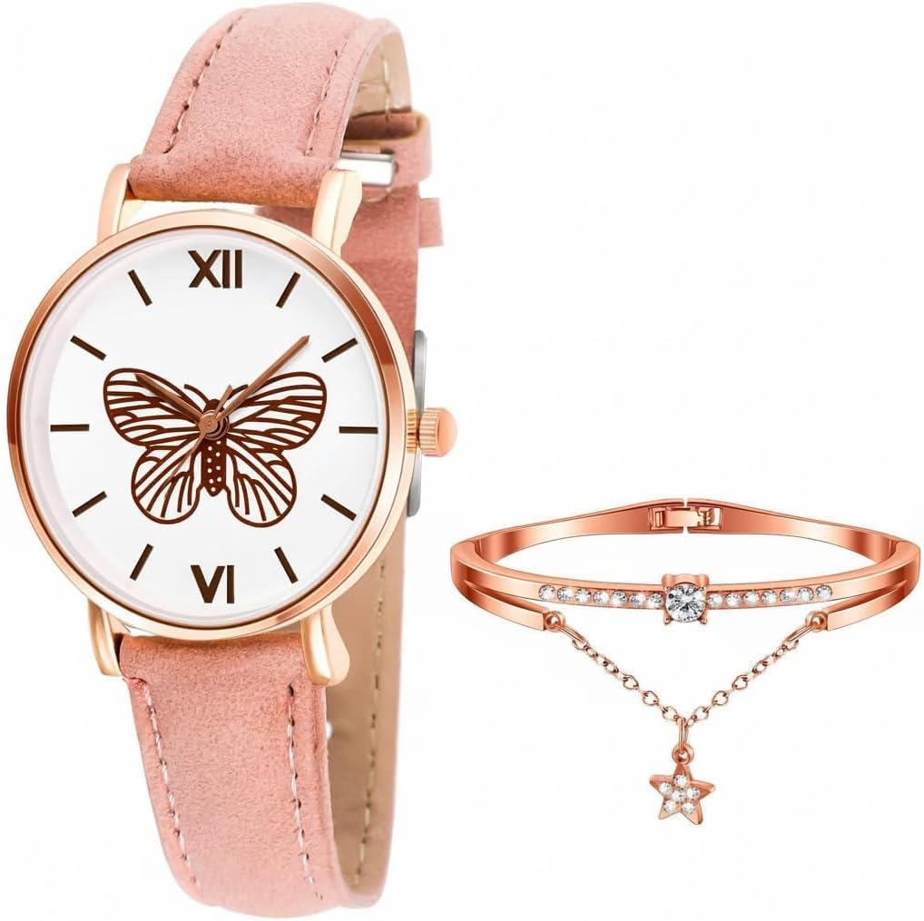 Women Girls Wrist Watch with Bangle Set Elegant Butterfly Quartz Watch Rhinestones Star Bracelets PU Leather Watch Sets for Ladies Teen Girls Dress Gifts