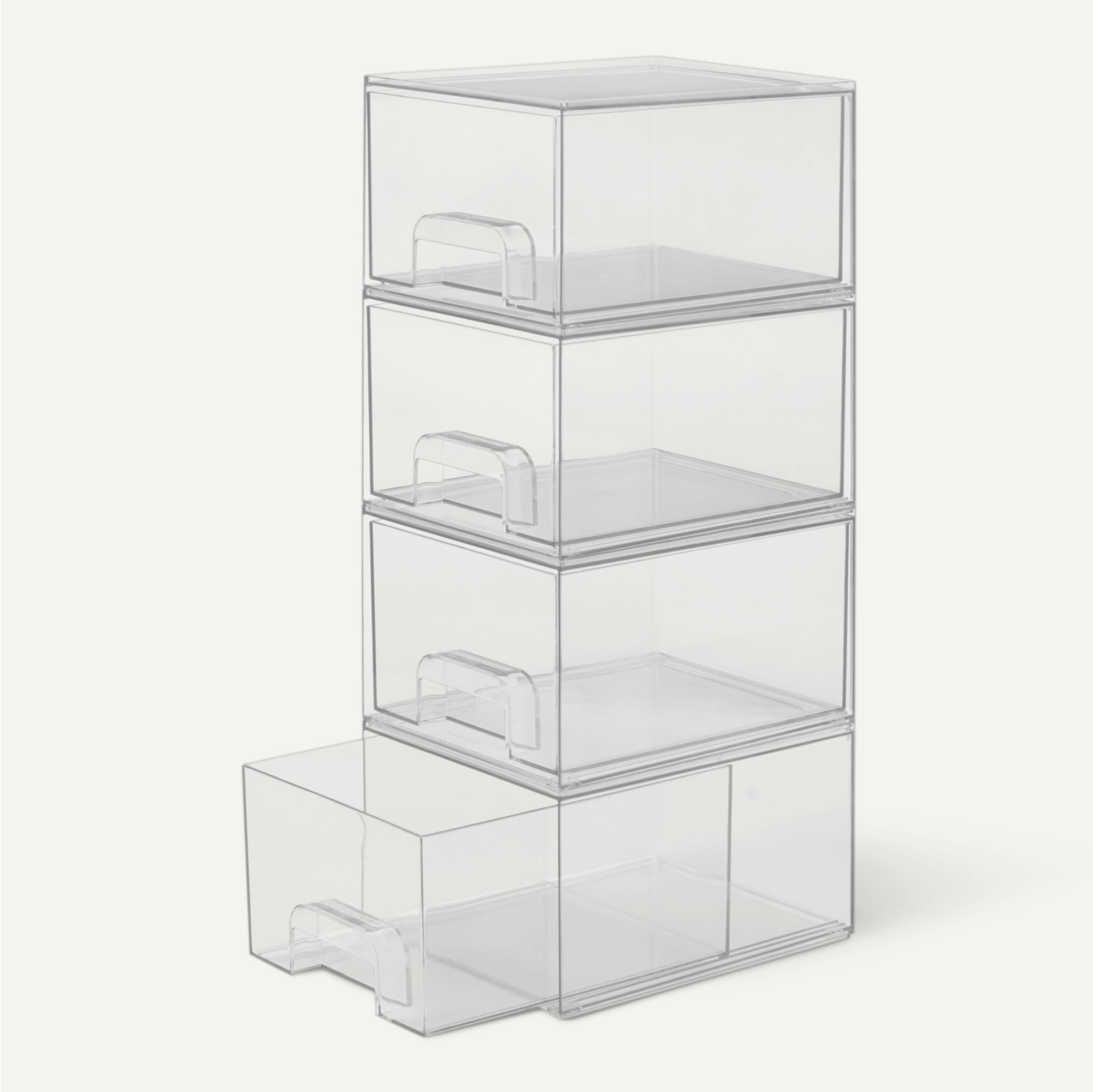 Amazon Basics Stapelbare Aufbewahrungsschubladen aus Kunststoff, Aufbewahrungsbox, Make-up-Organizer, Transparent, 19,1cm x 15,2cm x 11,4cm, 4er-Pack