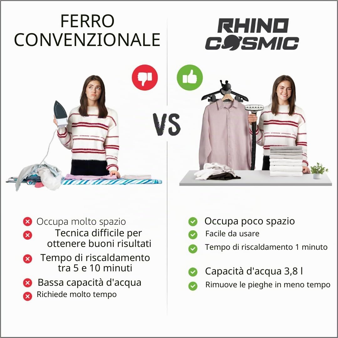 RHINO COSMIC Stiratore Ferro da Stiro a Vapore Verticale Professionale 2350W 50g/min - 3800ml - 75min di Autonomia - Pronto all'uso in 60 Secondi -