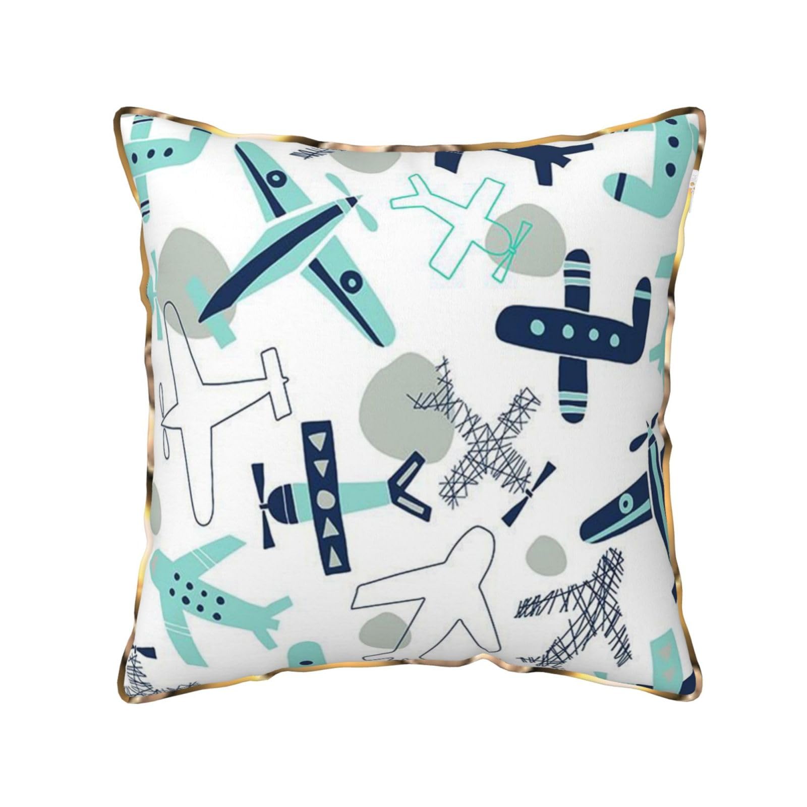 AUBKFELD Airplane Printed Velvet Cushion Cover 45x45 CM with Gold Edging Strip, Square Pillowcase Soft Throw Pillow Covers Case Decorative for Living Room Sofa Couch Bed Bench