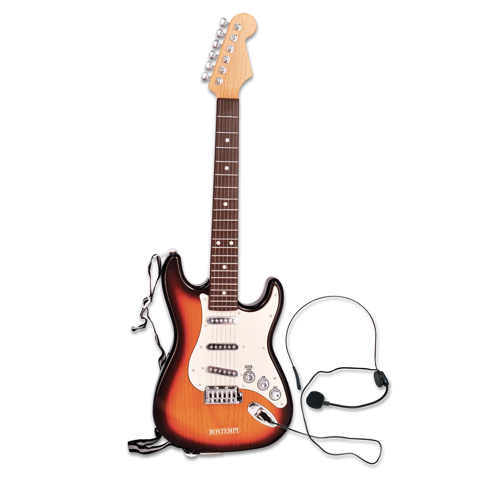 BONTEMPI - Rock On Bezprzewodowa Elektroniczna Gitara Rockowa z Mikrofonem na Głowę, Pasek na Ramię, 10 Wstępnie Nagranych Utworów, 67 cm