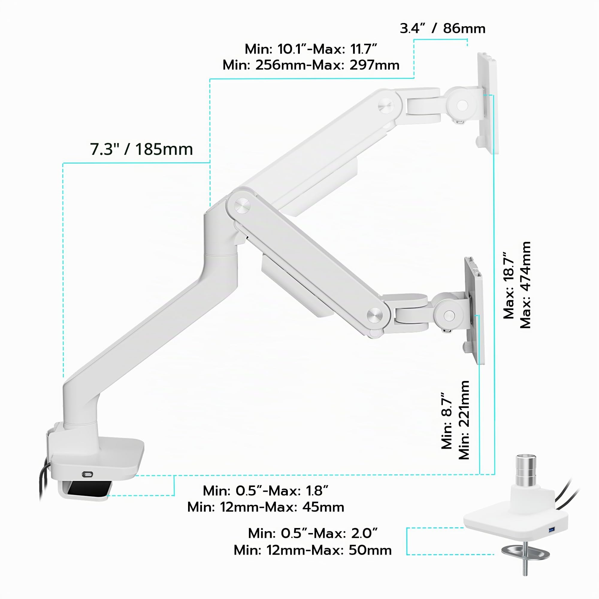 ARES WING Bras écran pc avec USB 17-49 Pouces Max 20kg VESA 75/100 Blanc