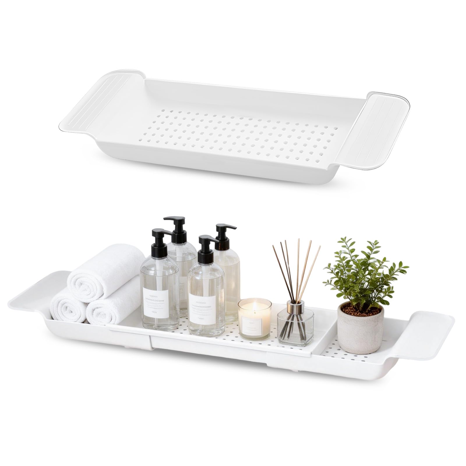 Expandable Bath Rack, Bath Tray Adjustable Bathtub Tray Multifunctional Bathtub Caddy Trays Bathroom Accessories Stylish For Candle Towel Book Wine Phone White