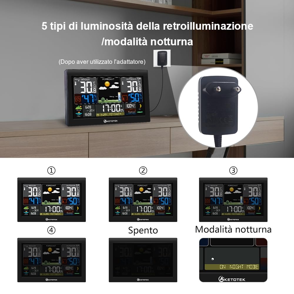 KETOTEK Stazione meteo wireless per interni ed esterni, con sensore, LCD, termometro igrometro, radiosveglia DCF, barometro, previsioni meteo, tramonto in città, calendario, fase lunare