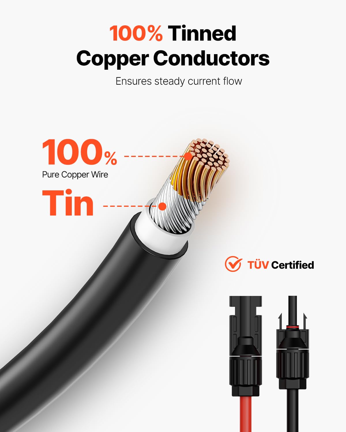 VEVOR 2 PCS Cable de Extensión para Panel Solar de 15,24 m, 10 AWG, Cable Fotovoltaico de 6 mm² con Conectores Hembra y Macho a Prueba de Agua para Paneles Solares Domésticos, de Barco, Negro y Rojo