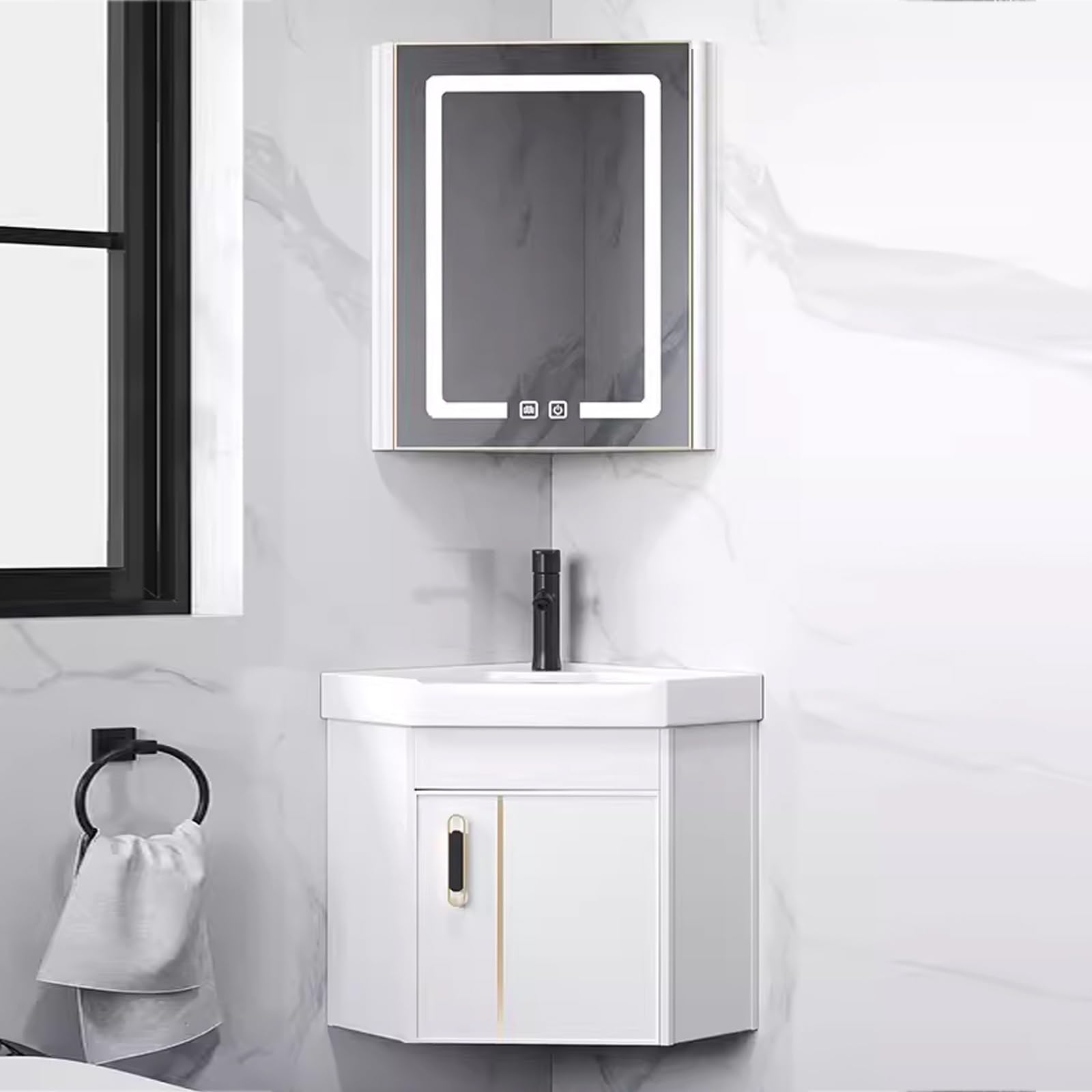 DFGHNBVC Corner Bathroom Vanity With Ceramic Sink And Smart Mirror, Intelligent Defogging, Space-Saving Wall Mounted Cabinet Combo,White-42Cm