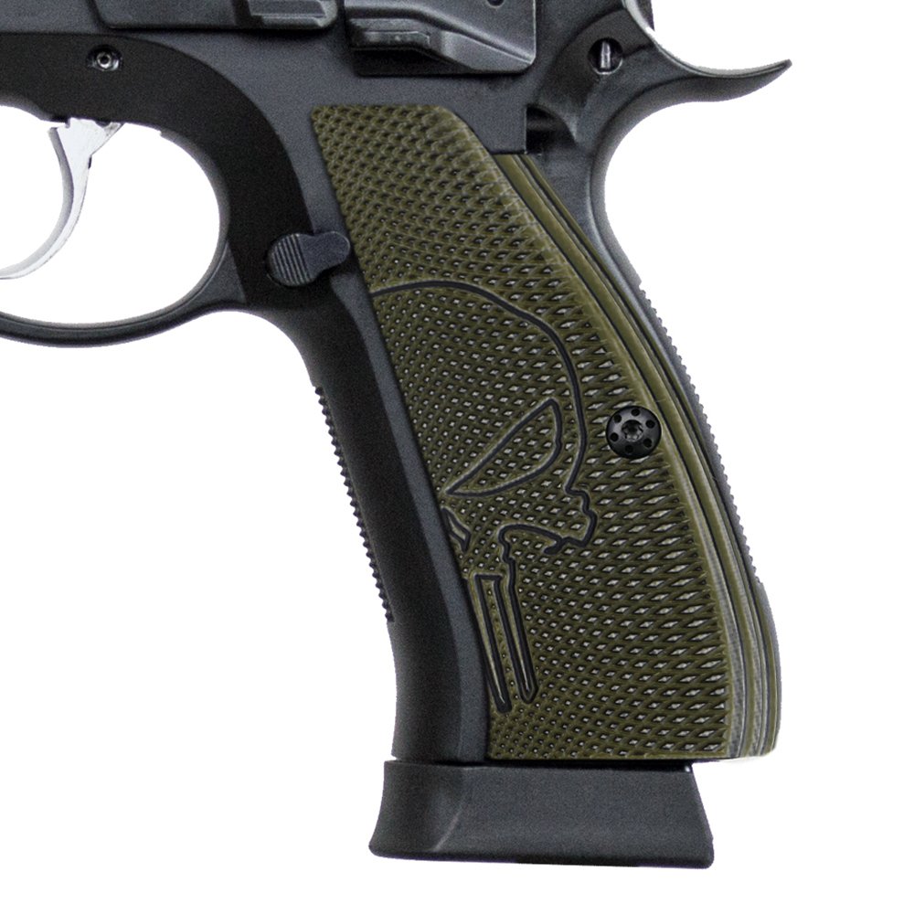Cool Hand G10 Grips for CZ 75 85 SP-01 Shadow, Full Size, Free Screws Included, Punisher Skull Texture, Brand, OD Green/Black G10, SP1-PNP-21
