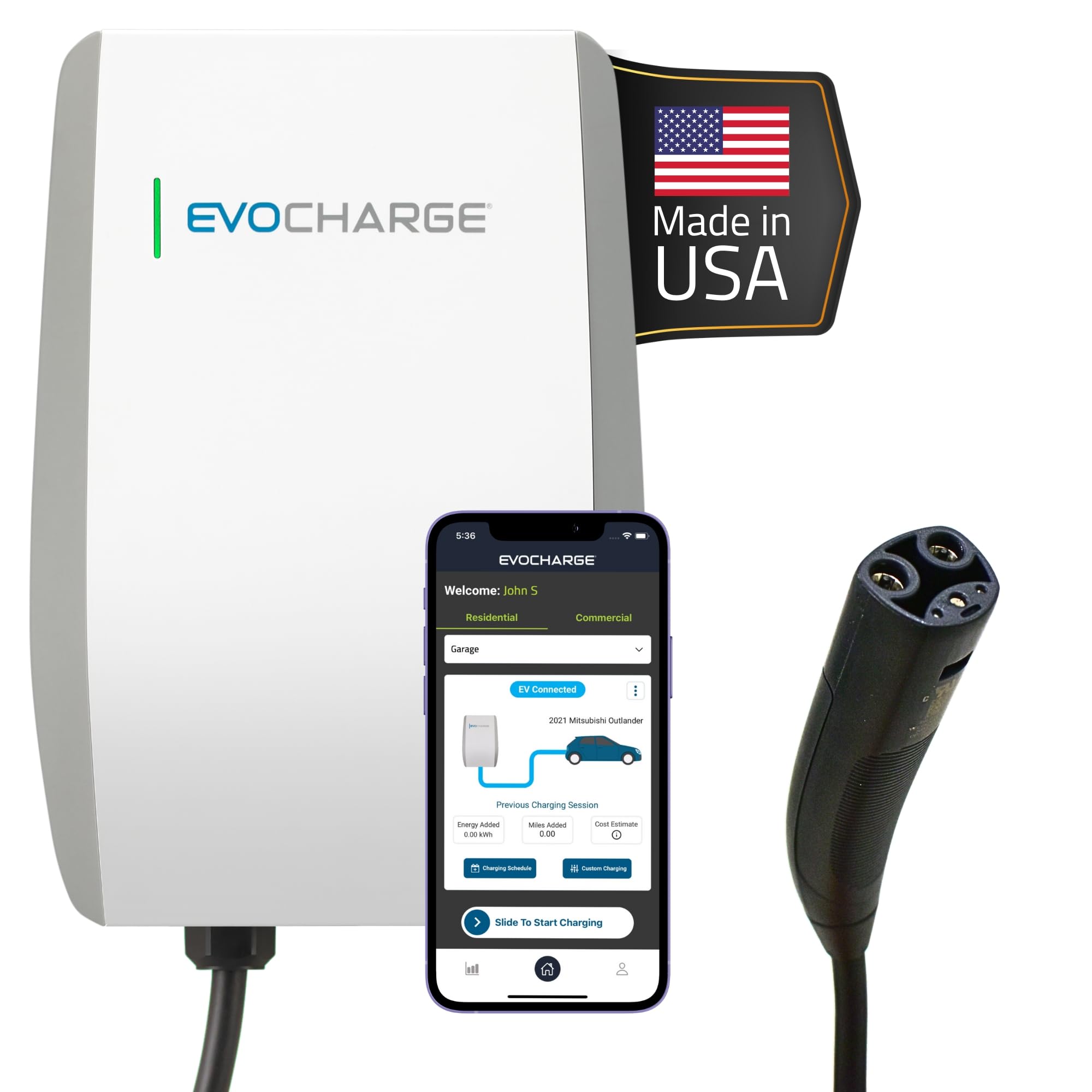 EVoCharge Home 50 Level 2 EV Charger with a NACS connector, a smartphone displaying the EVoCharge app, and a 'Made in USA' label.