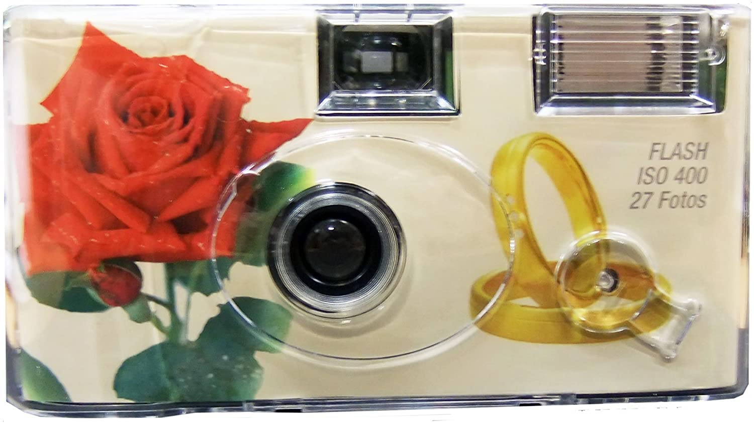 Lot de 3 appareils photo jetables 1A PORST - Roses de mariage - Avec anneaux - 27 photos
