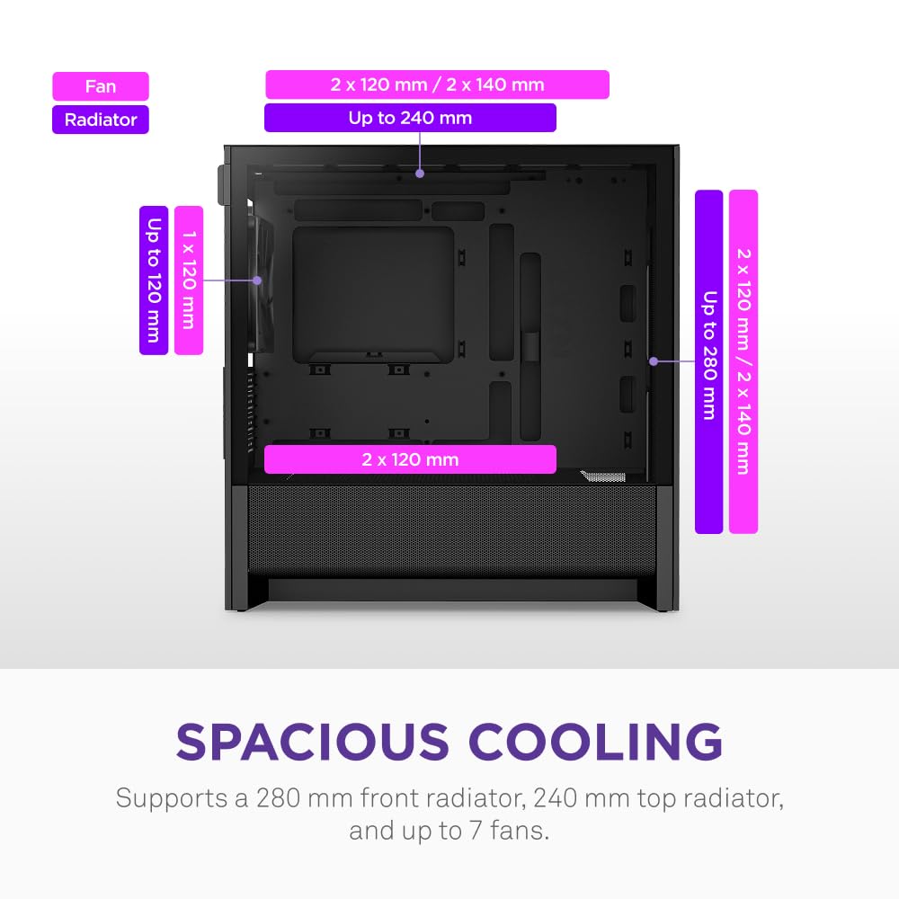 NZXT H3 Flow – Micro-ATX PC Case – Optimized Airflow – Includes 1 x 120mm Rear Fan – Supports Full-Sized GPUs – Fits 280mm Front, 240mm Top Radiator – Back-Connect Motherboard – Black — view 5