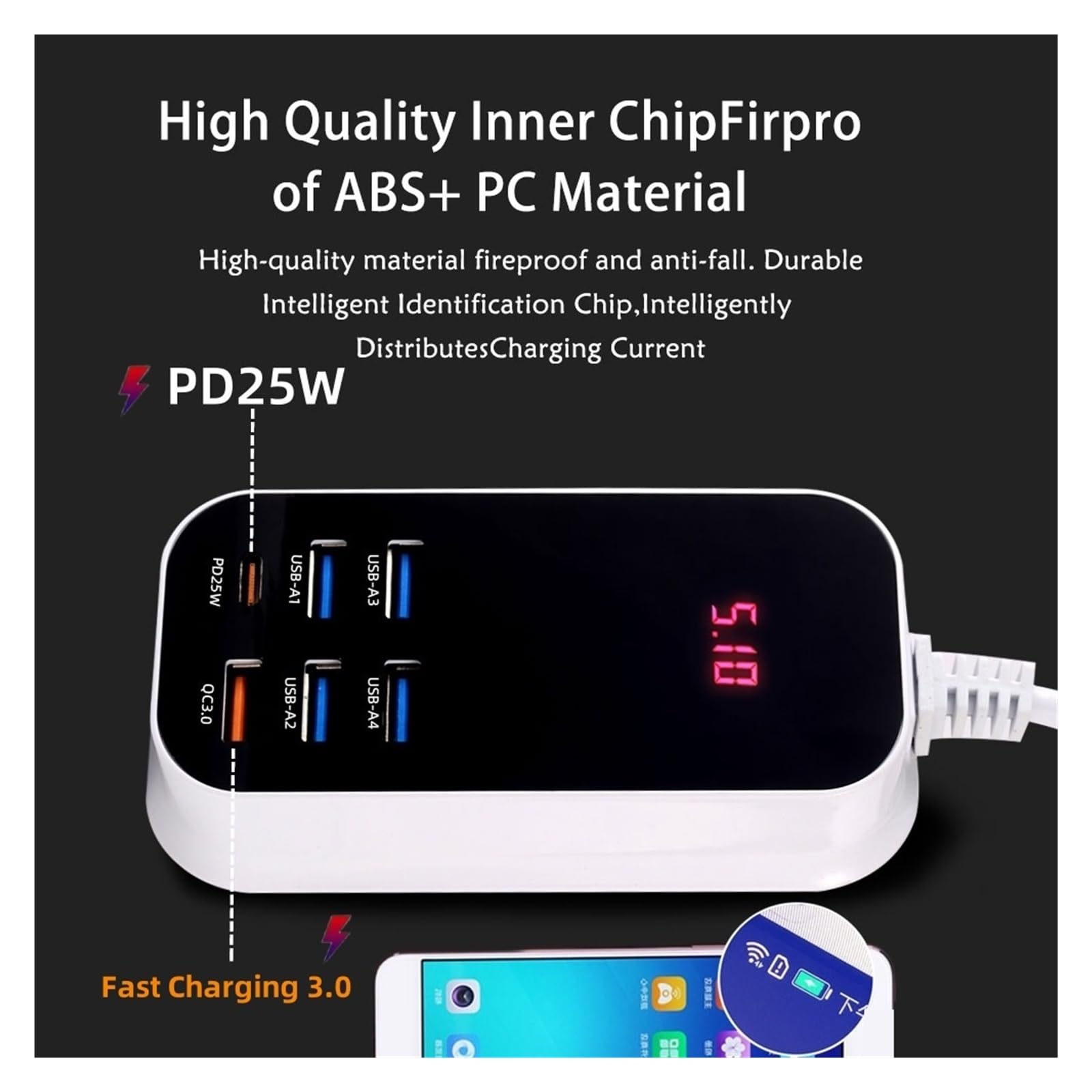 2 Szt. 50 W, 6 Portów, Szybka Ładowarka USB PD QC 3.0, Szybkie Ładowanie, Wyświetlacz Typu C, 1,5 M, Zasilacz Biurkowy Technologia Szybkiego Bezpiecznego ładowania