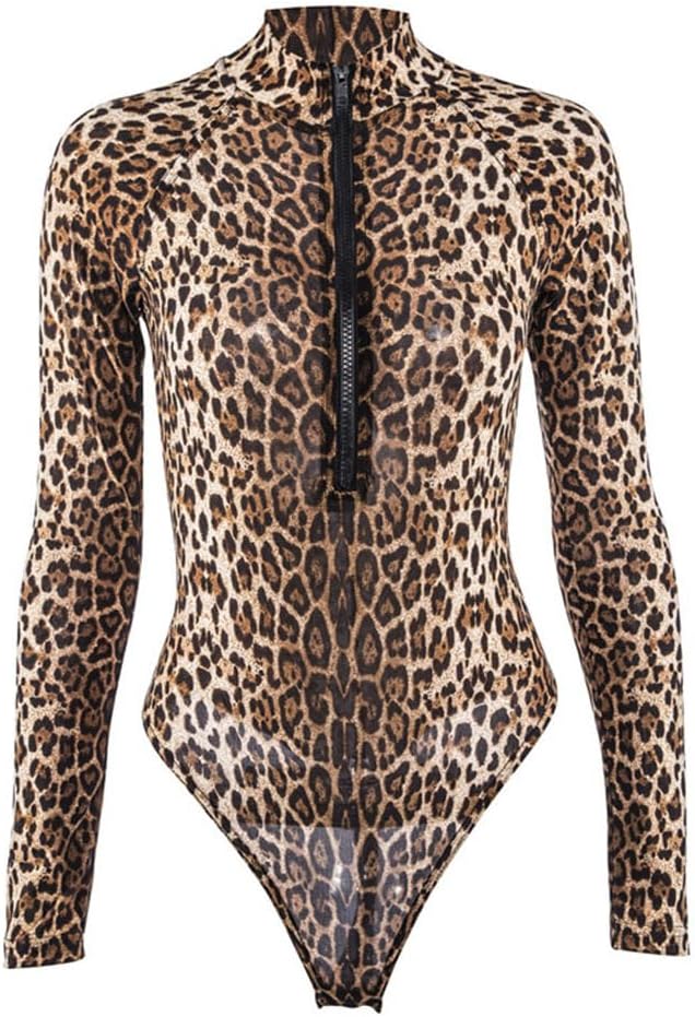 Women Leopard Jumpsuit Thong Long Sleeve Tank Top Turtleneck Onesie Romper Shapewear Bodysuit Bodycon