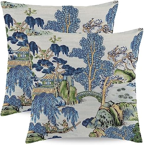 Wsunsal Chinoiserie Pillow Covers 16x16 Inch Set of 2, Asian Scenic Blue and Kelly Green Throw Pillows Farmhouse Chinoiserie Decorative Pillowcase Linen Cushion Cover for Home Sofa Bedroom Outdoor