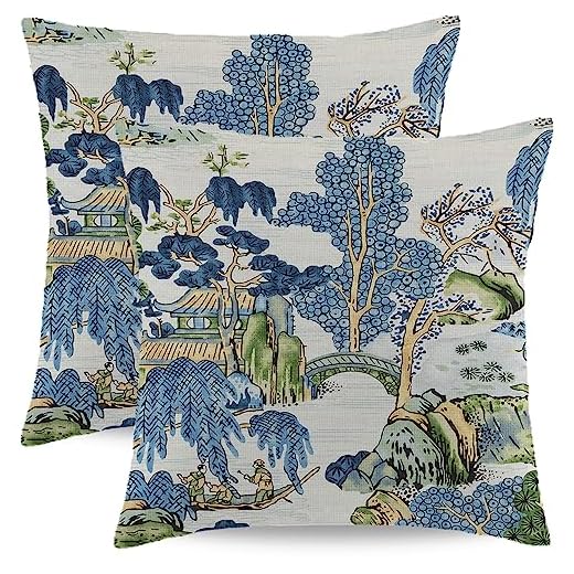 Wsunsal Chinoiserie Pillow Covers 18x18 Inch Set of 2, Asian Scenic Blue and Green Throw Pillows Farmhouse Chinoiserie Decorative Pillowcase Linen Cushion Cover for Home Sofa Bedroom Outdoor