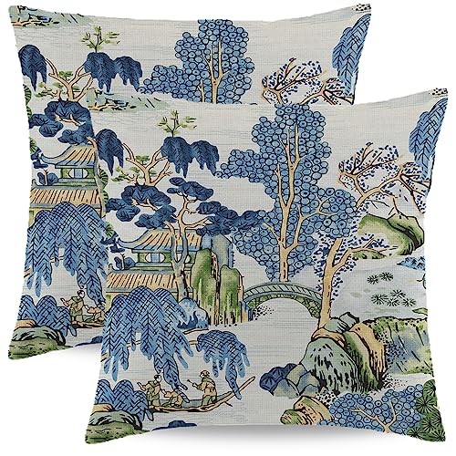 Wsunsal Lot de 2 Housses de Coussin Chinoiserie - 40,6 x 40,6 cm - Motif Asiatique Bleu et Vert - pour Maison, canapé, Chambre à Coucher, extérieur