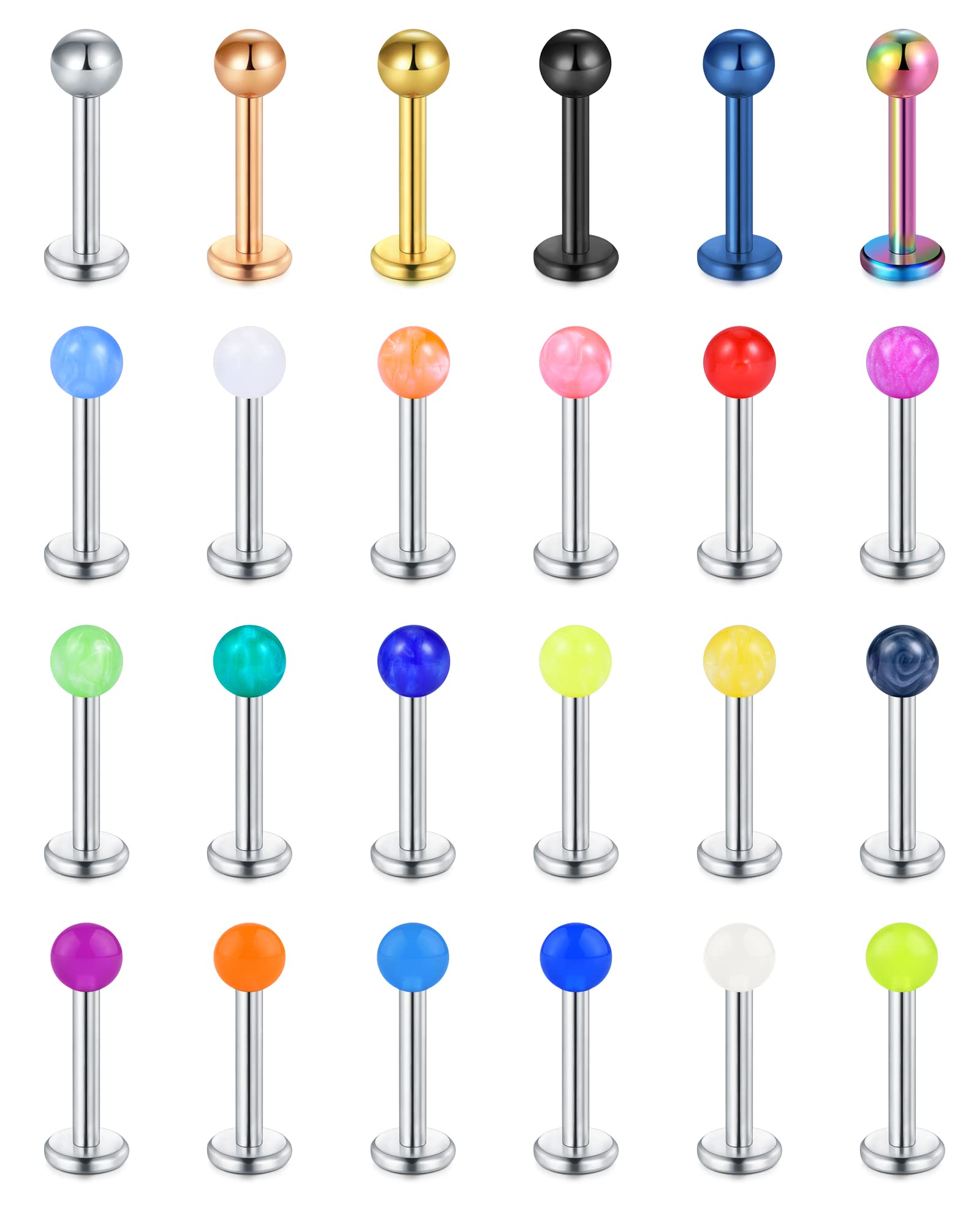 LAURITAMI 24pcs Piercing Labio Labret Pernos 8mm 16G Acero Quirurgico Helix Tragus Cartílago Piercing Joyas