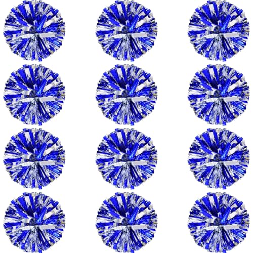 12 Pcs Cheerleading Pom Poms Bulk Plastic Metallic Foil Cheer Hand Flowers Cheerlead Pompoms for Sports Team Ball Game 12 Inch (Blue/Sliver)