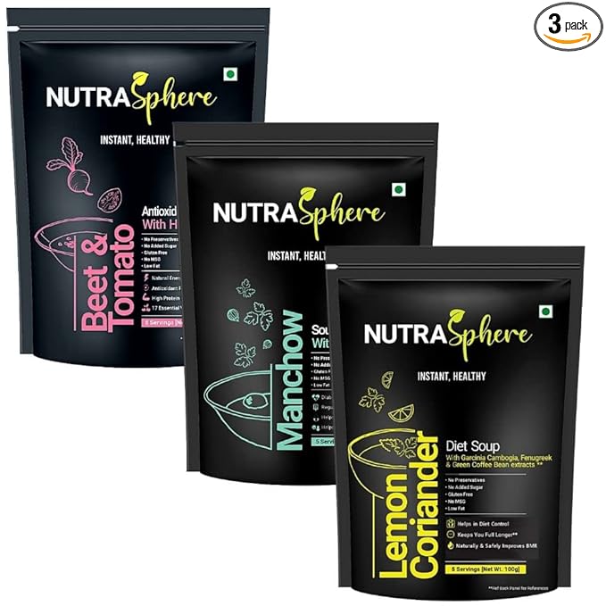 Diet Lemon Coriander, Beetroot Tomato, Manchow Soup Packets Combo. High Protein For Diet Management (Instant, Preservative Free, Sugarfree, No MSG, Gluten Free)- 5 Sachet Each