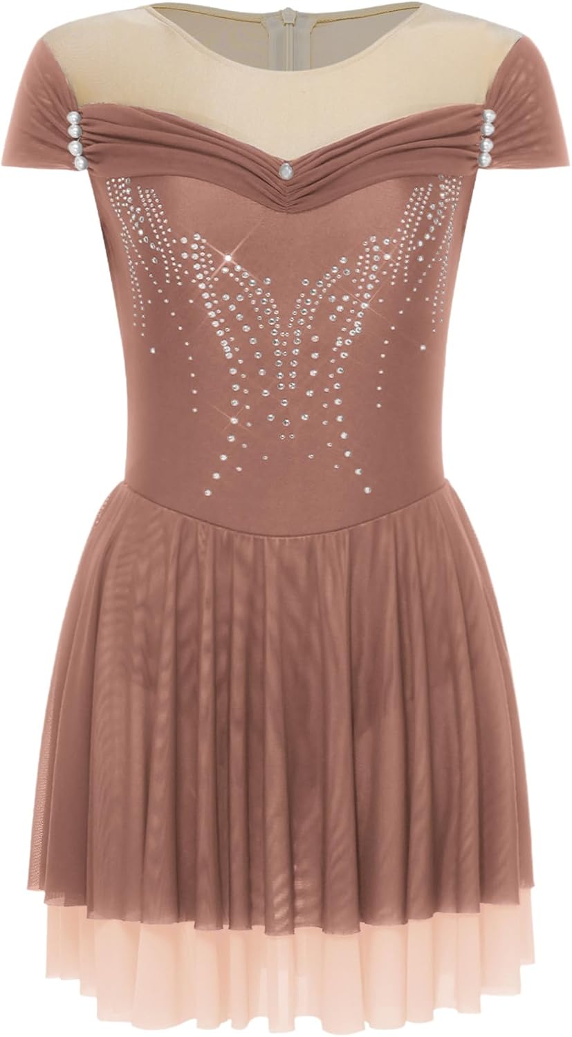 ranrann Women Ice Figure Skating Dress Cap Sleeve Rhythmic Gymnastics Leotard Block Color Tiered Mesh Skirt