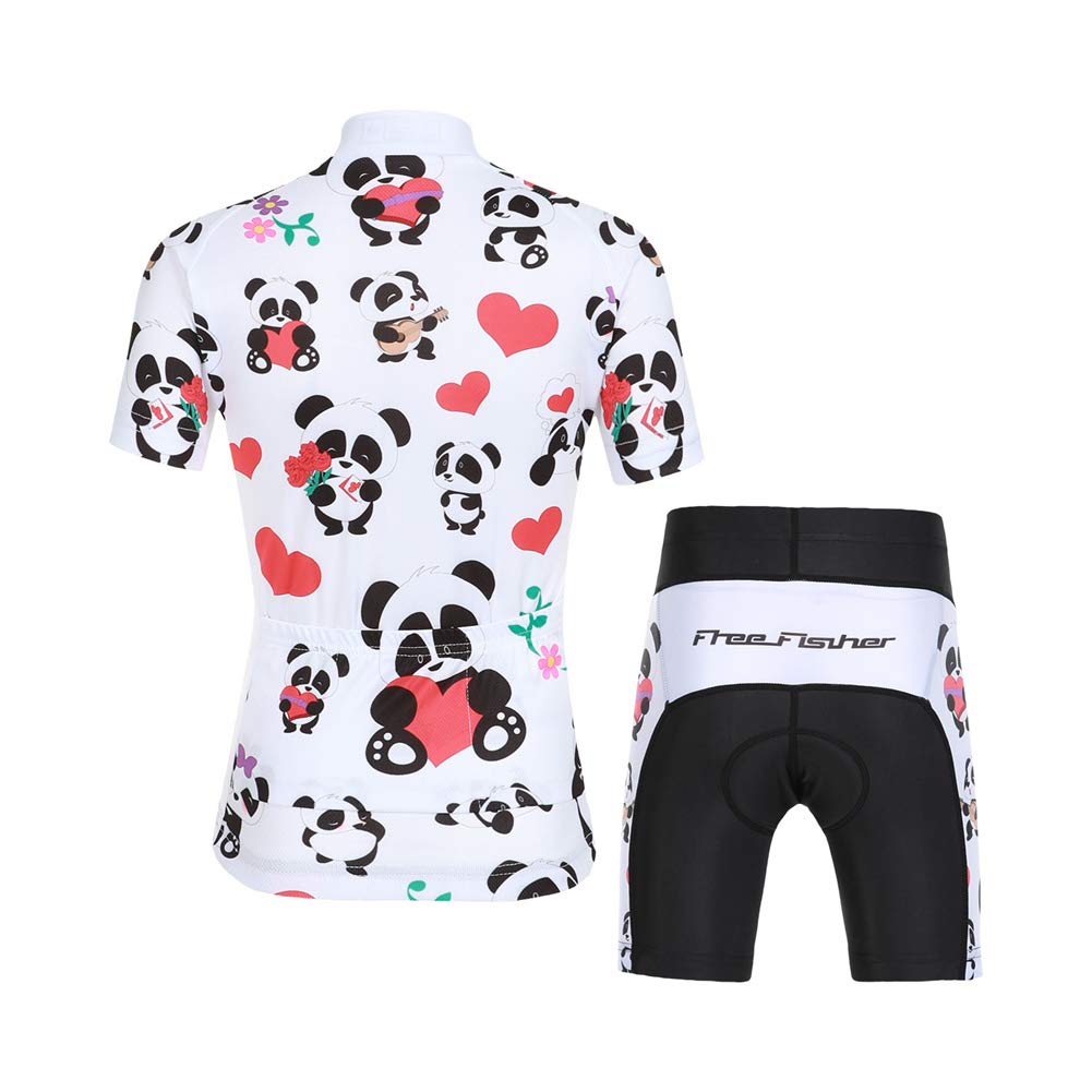 Kinder Jungen Radtrikot Set, Mädchen Radbekleidung Anzüge, Quick Dry Radsportanzug, Fahrradtrikot Kurzarm und 3D Sitzpolster Radhose, Süßer Baby Panda, 134/140(Herstellergröße: XL)