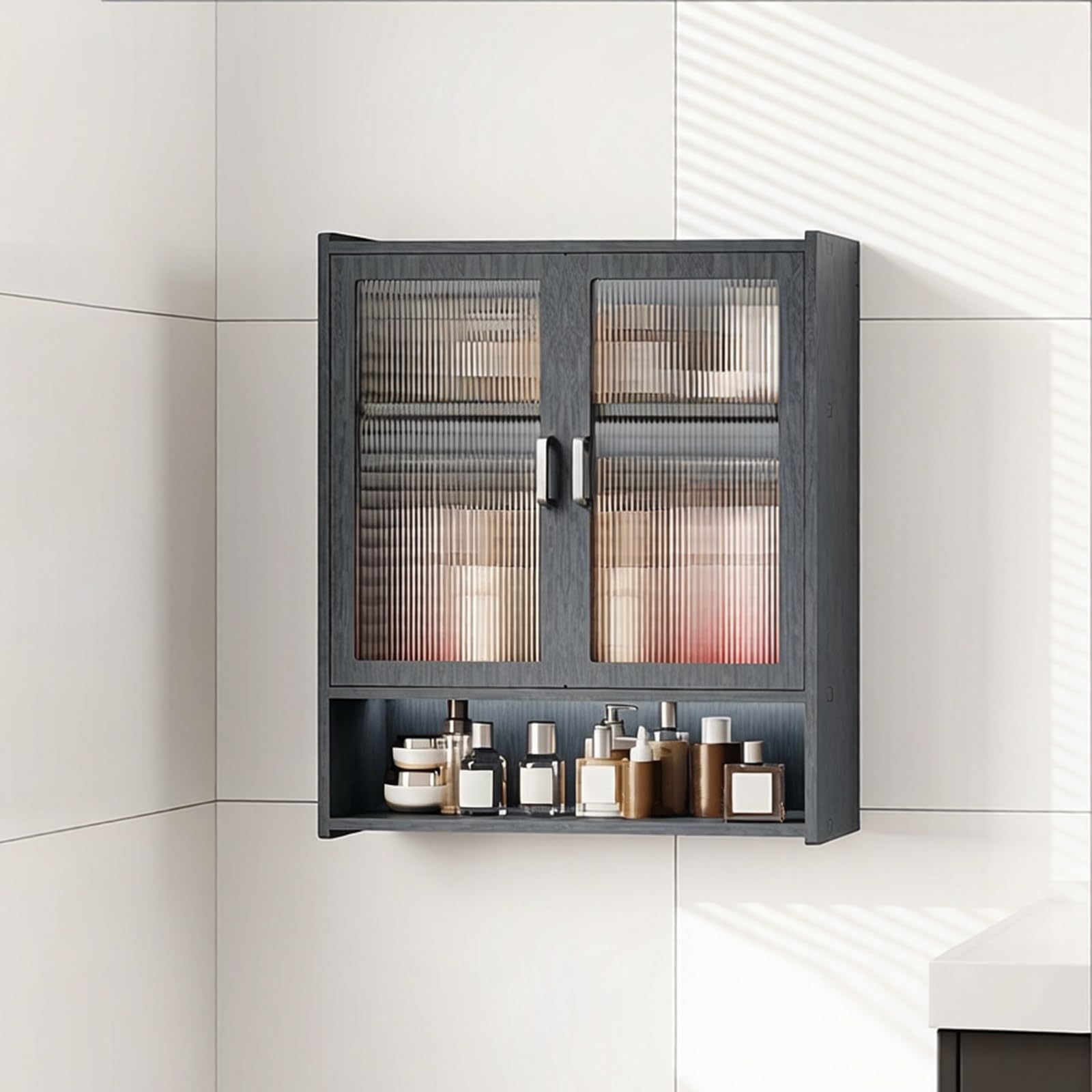 Fluted Acrylic Door Wall Mounted Bathroom Cabinet Over Toilet Sto With Shelves Slish Pvc Mcine Cabinet For Kitchen & Laundry Room,Black-50*18*60Cm/19.7*7.1*23.6In,Black-50*18*60cm/19.7*7.1*23.6in