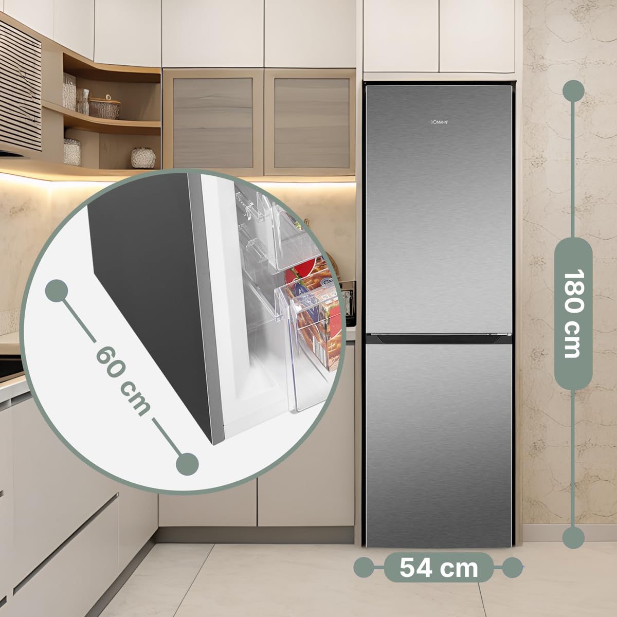 Bomann Kühlschrank mit Gefrierfach | Energieklasse D | 181cm | No Frost | leise 39 dB | Kühl Gefrierkombination No-Frost | 4 Ablagen & 3 Schubladen | 247L Kühlgefrierkombi | KG 7360 inox