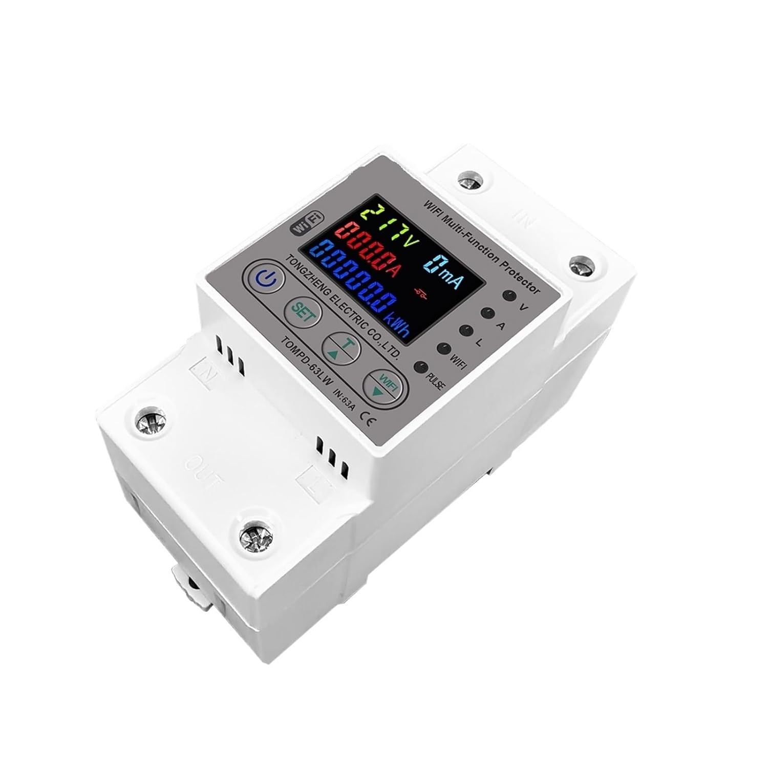 Angled view of TOMZN 63A WiFi Smart Energy Meter Circuit Breaker showing terminals and display