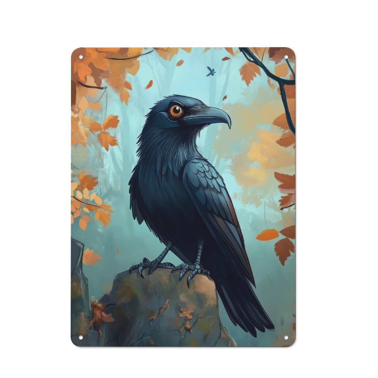 Junmoney Raven In Autumn Forest Tin Wall Sign With Design 40X30cm, Classic Diner Style Decor For Bakery, Diner, Cafe Or Family Room