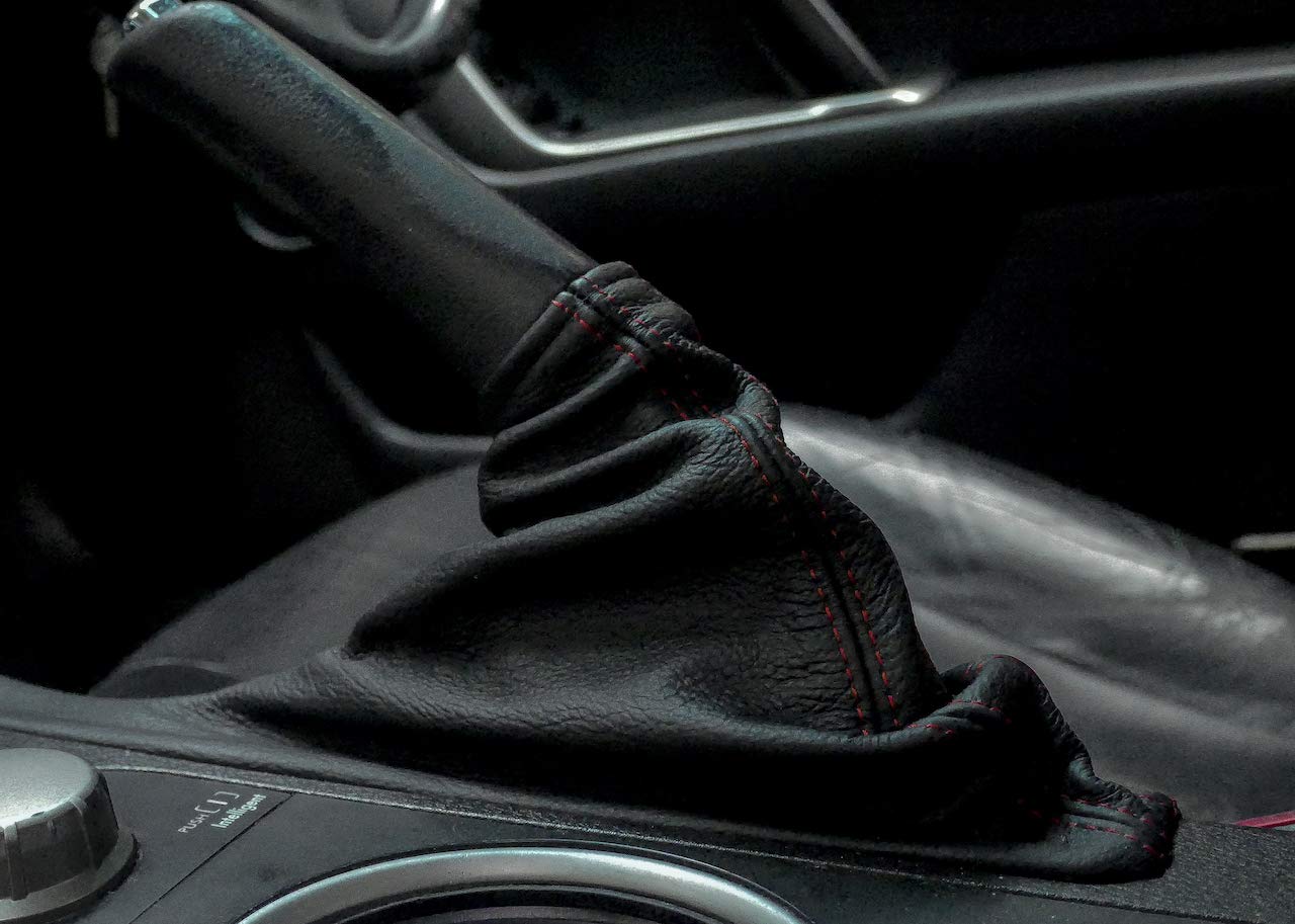 RedlineGoods ebrake Boot - Non-US/Round-Bottomed Shifter Compatible with Subaru Legacy 2005-09. Tailor Made - not Universal. Genuine top-Grade Italian Black Leather with Silver Thread