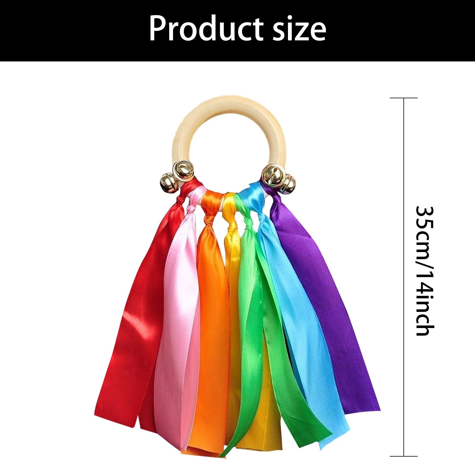 2 Pcs Sensory Wooden Ring Baby Toys, Baby Rainbow Ribbon Toy with Rattle, Multifunctional Sensory Wooden Ring Babys - Image 2
