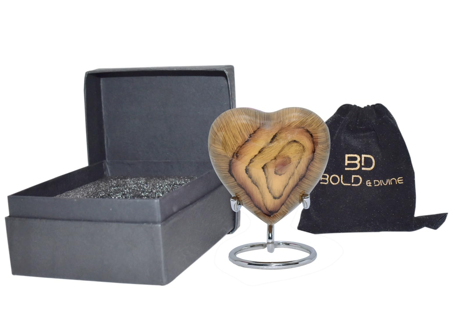 Bold & Divine Urna de recuerdo de madera de raíz de teca, mini urna de cremación de corazón con soporte y caja premium, pequeña urna de recuerdo, honra a tu ser querido con forma de corazón de urna,