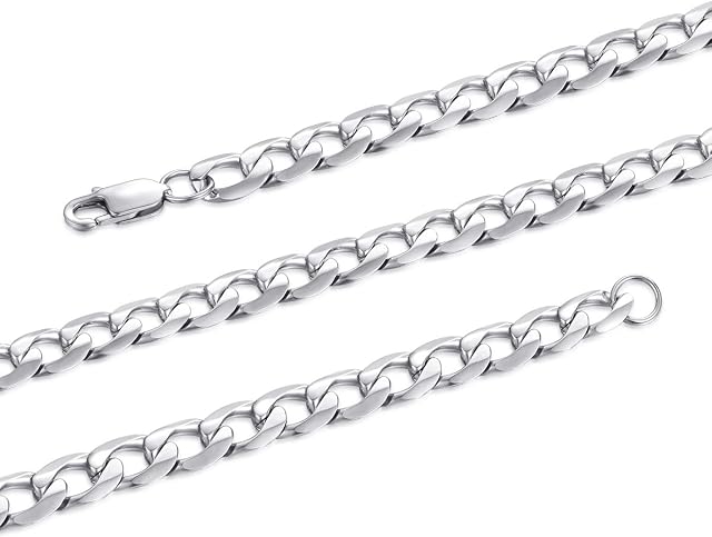 FOSIR 5mm 7mm 9mm Stainless Steel Flat Cuban Link Chain for Men Silver Curb Necklace,18-30inches
